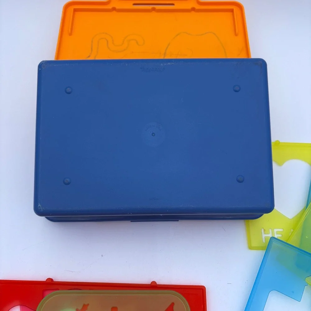 Vtg Tuppertoys Stencil Art Set Blue Orange Case Alphabet‎ Numbers Animals 1987